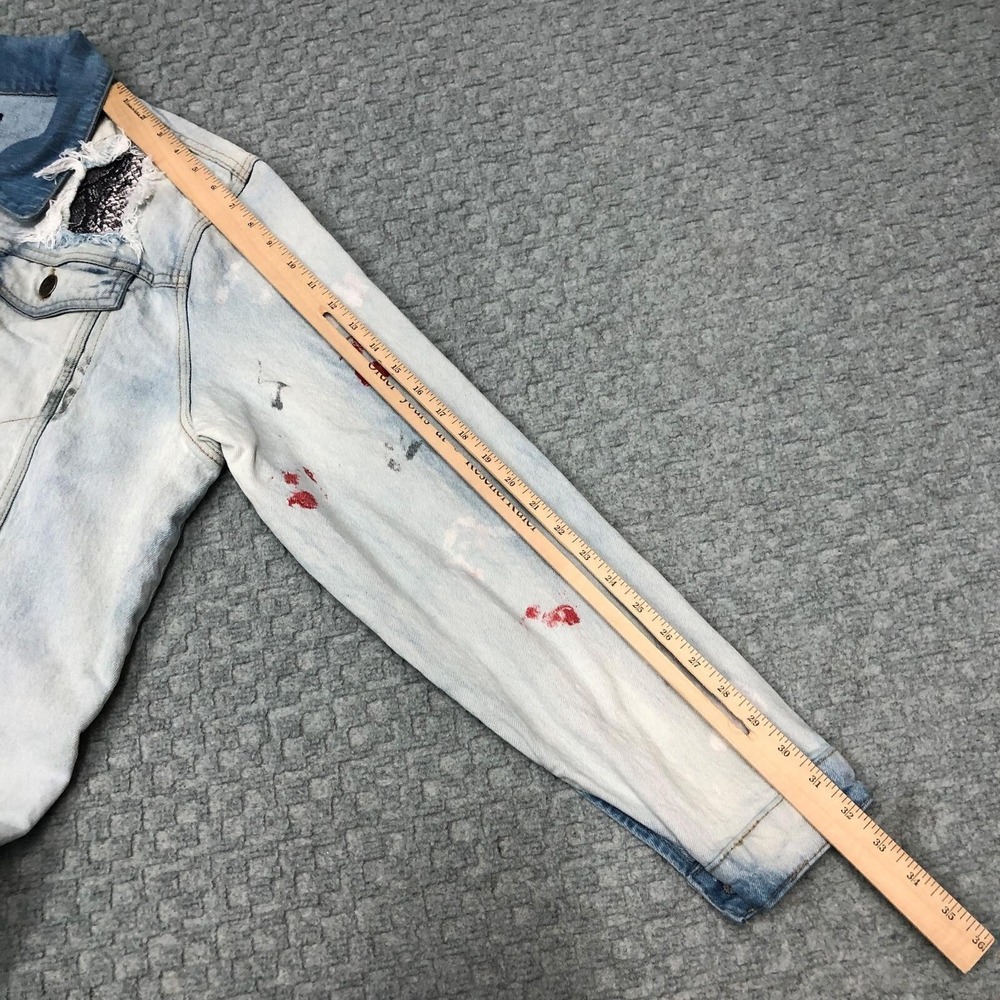 Encrypted Jacket Mens XL Light Wash Denim Distressed Paint Splatter Trucker Norm - Picture 10 of 14